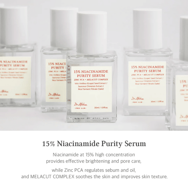 Dr. Althea 15% Niacinamide Purity Serum med hög koncentration av niacinamid för ljusare hud och porförminskning. Innehåller Zinc PCA för sebumreglering och MELACUT COMPLEX för att lugna huden och förbättra texturen. Elegant förpackning för professionellt intryck.