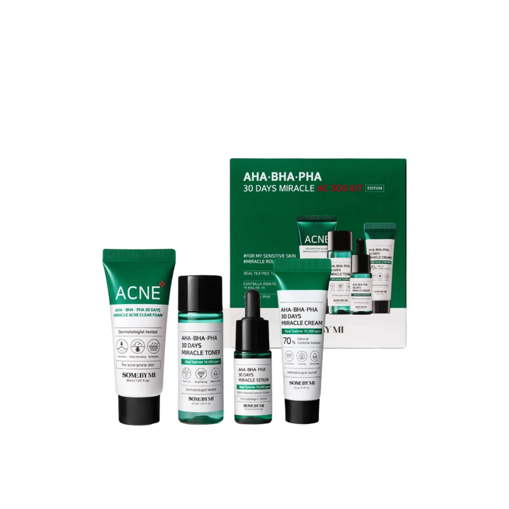 SOME BY MI AHA-BHA-PHA 30 Days Miracle AC SOS Kit med fyra produkter: rengöringsskum, toner, serum och kräm, framför dess förpackning.