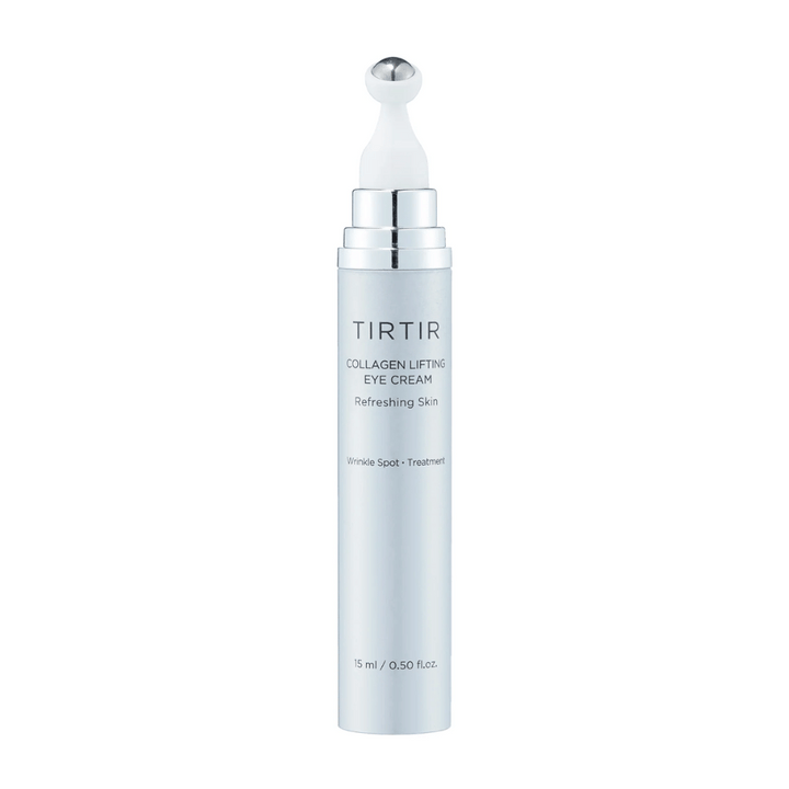 Tub med TIRTIR Collagen Lifting Eye Cream mot en ren bakgrund, utformad för uppfräschande hudvård.