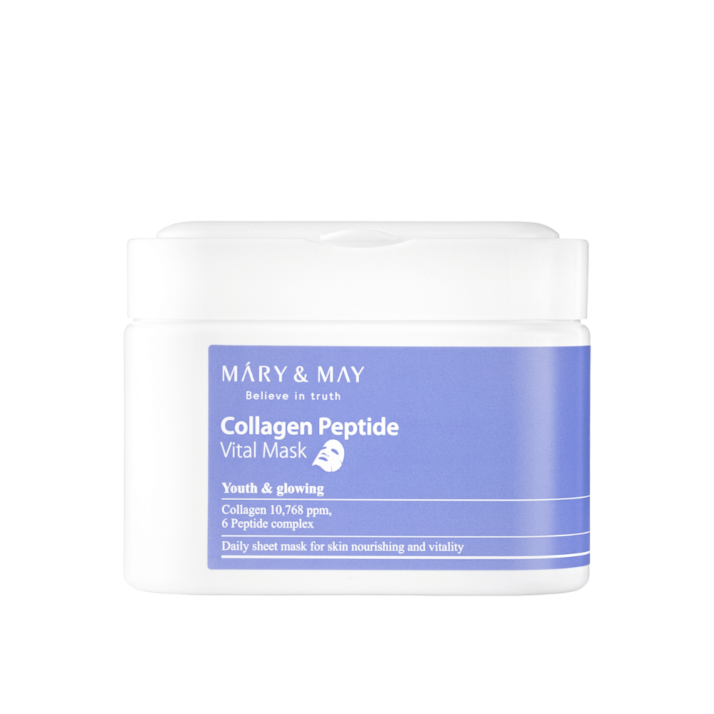 Collagen Peptide Vital Mask" från MARY & MAY i en vit och lila burk. Produkten innehåller 10,768 ppm kollagen och ett peptidkomplex för att ge huden näring och glöd. Denna dagliga ansiktsmask är utformad för att ge en ungdomlig och strålande hy