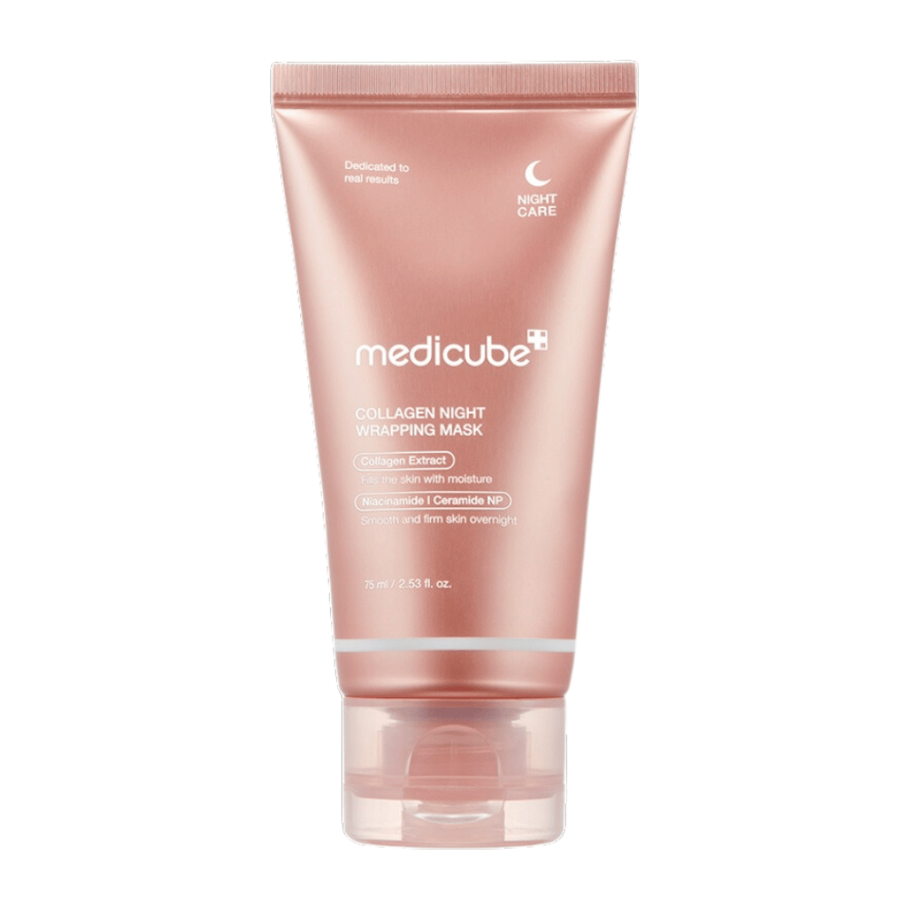 Medicube Collagen Night Wrapping Mask, en nattmask med kollagenextrakt som återfuktar och stärker huden över natten. Innehåller niacinamid och ceramid NP för en jämnare och fastare hud. Innehåll: 75 ml.