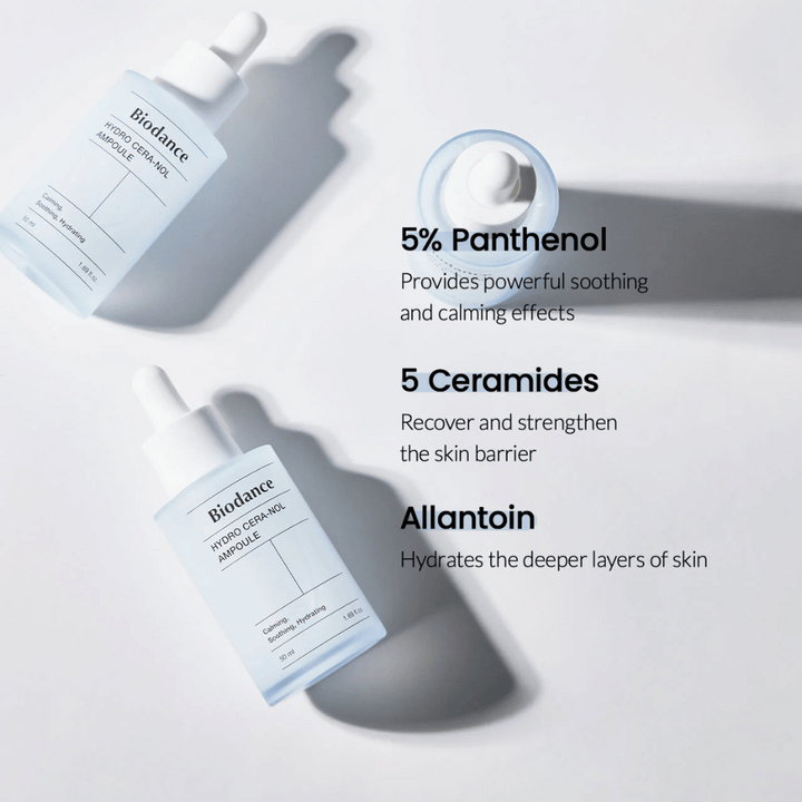 Biodance Hydro Cera-Nol Ampoule – Intensiv återfuktning och hudbarriärförstärkning.

💙 5% Panthenol – Lugnar och minskar hudirritation.
🛡️ 5 Ceramider – Återuppbygger och stärker hudens skyddsbarriär.
💧 Allantoin – Djupt återfuktande för en mjukare hud.

Perfekt för känslig och torr hud som behöver extra vård!