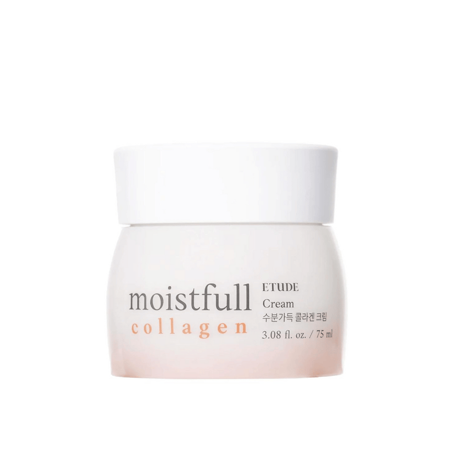 En burk med "Moistfull Collagen Cream" från ETUDE, vit bakgrund.