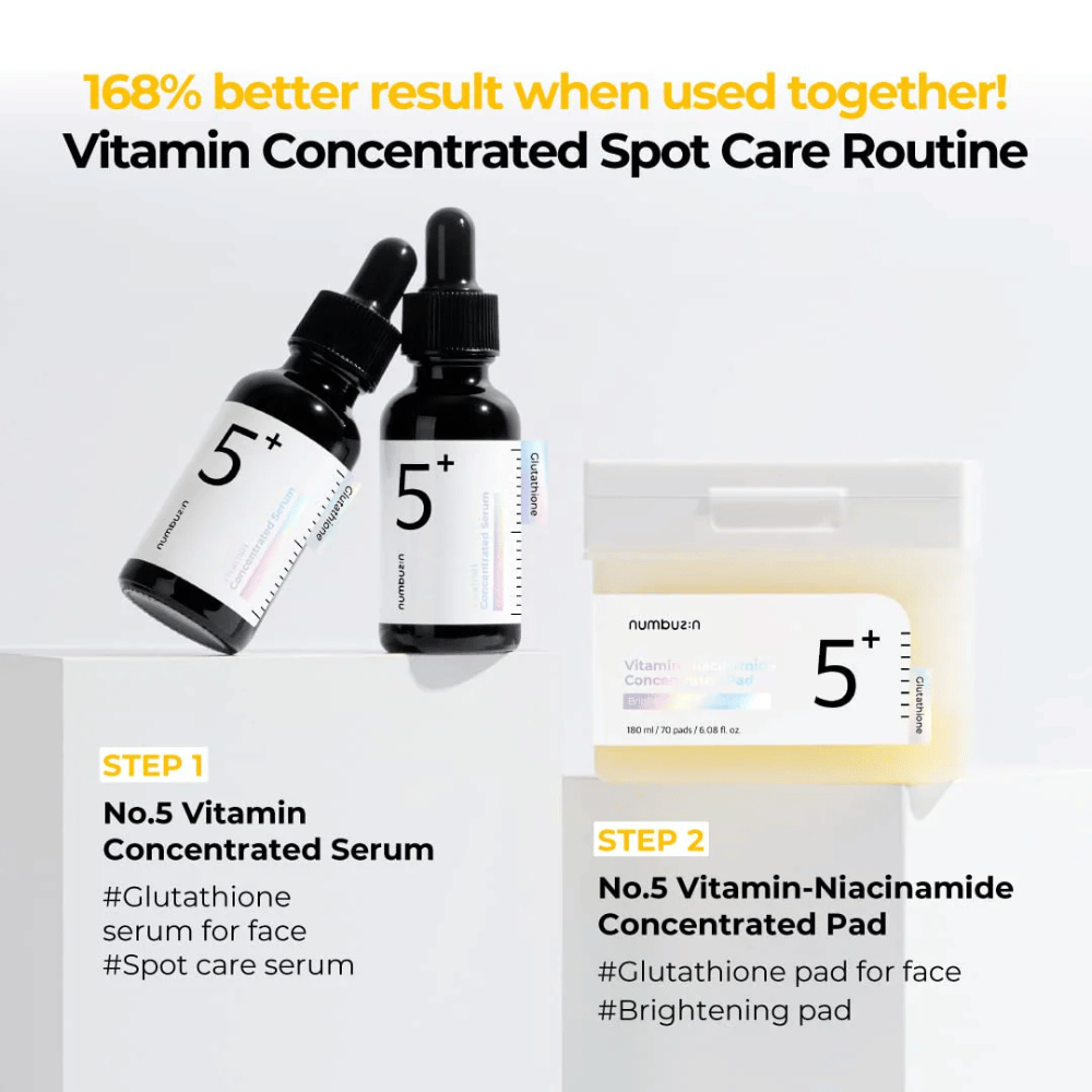 Få 168 % bättre resultat med No.5 Vitamin Concentrated Spot Care Routine! Steg 1: Använd No.5 Vitamin Concentrated Serum för att reducera fläckar och ge lyster. Steg 2: Följ upp med No.5 Vitamin-Niacinamide Pads för en klarare och jämnare hudton.