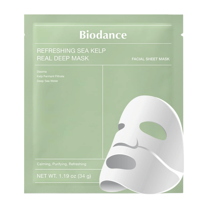 Biodance Refreshing Sea Kelp Real Deep Mask – en lugnande och återfuktande ansiktsmask med fermenterat kelp och djupt havsvatten. Rengör, balanserar och ger huden en fräsch lyster.