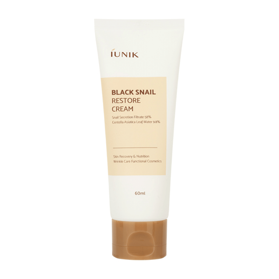 En tub iUNIK Black Snail Restore Cream 60ml på vit bakgrund.